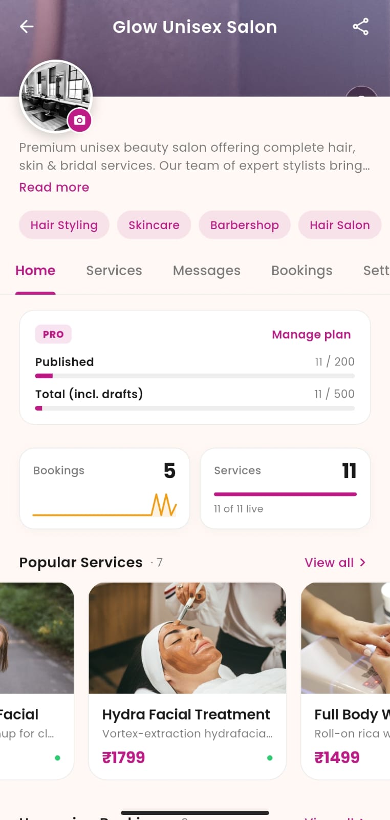 Glow Connect salon owner dashboard with bookings, services, and revenue
