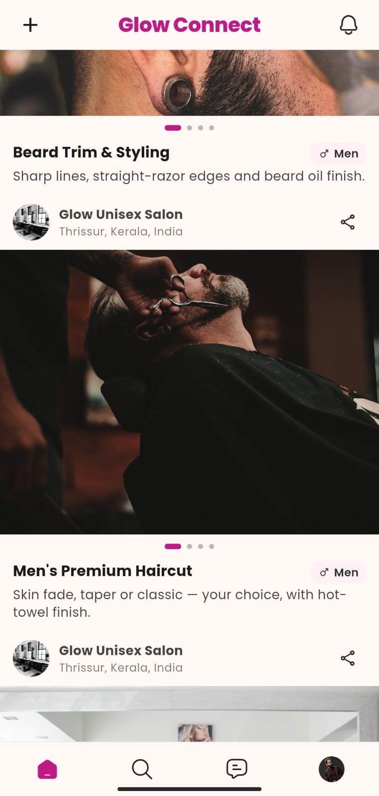 Glow Connect service discovery screen with categories and verified salons